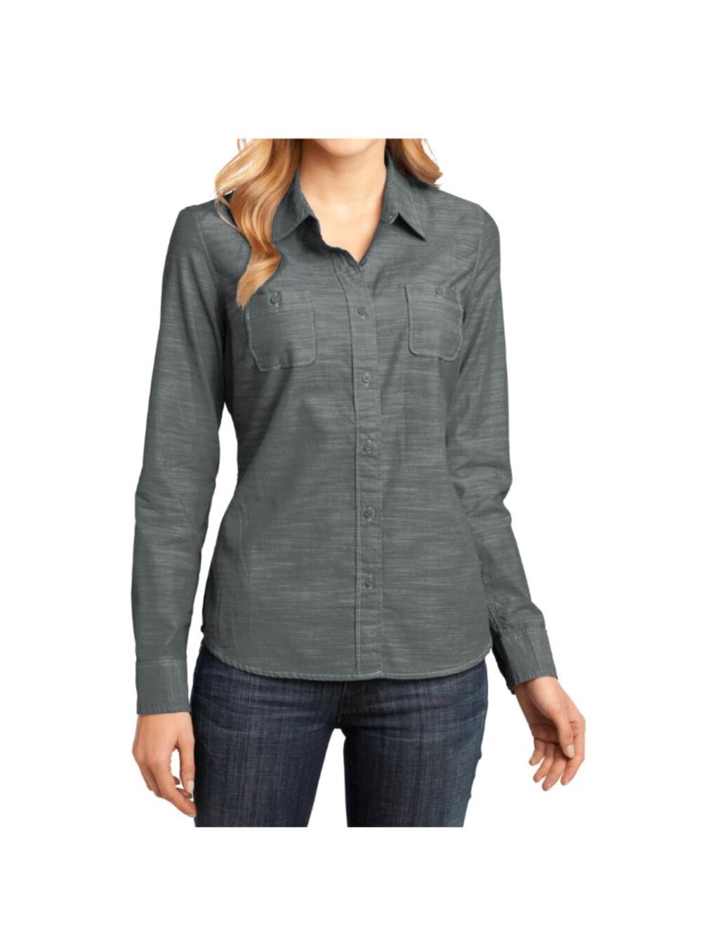 District Made Long Sleeve Washed Woven Workshirt, L, Grey